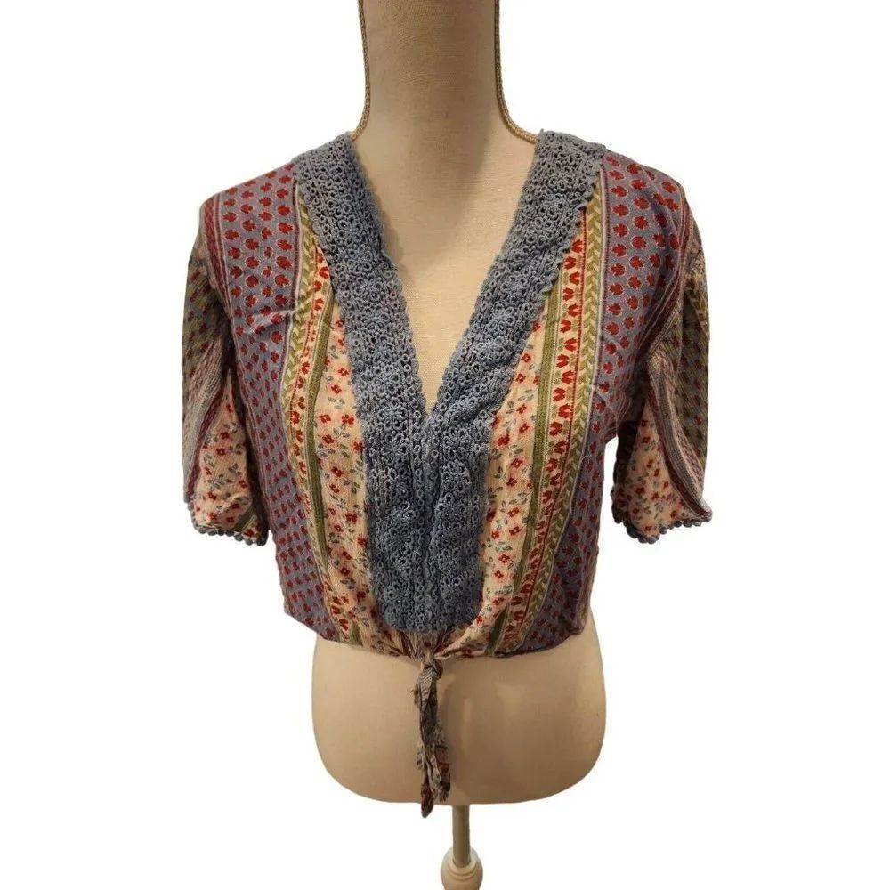 Gypsies Moondust Blue Red Green Floral Tie Crop Top S Boho Hippie
